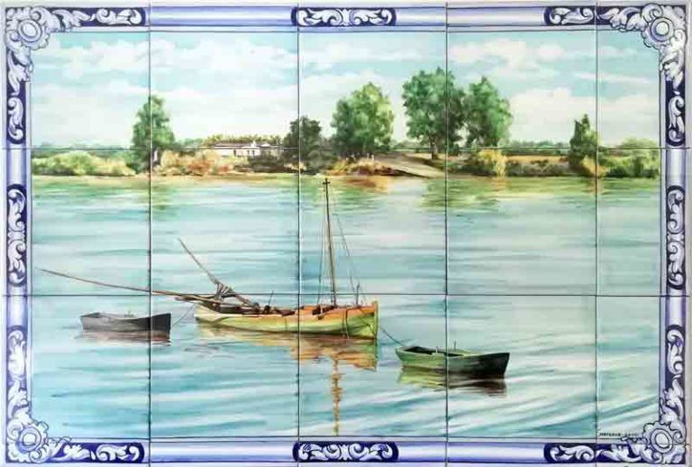 Paisaje en azulejos pintado a mano de río con barcas - Cerámicas Artesur