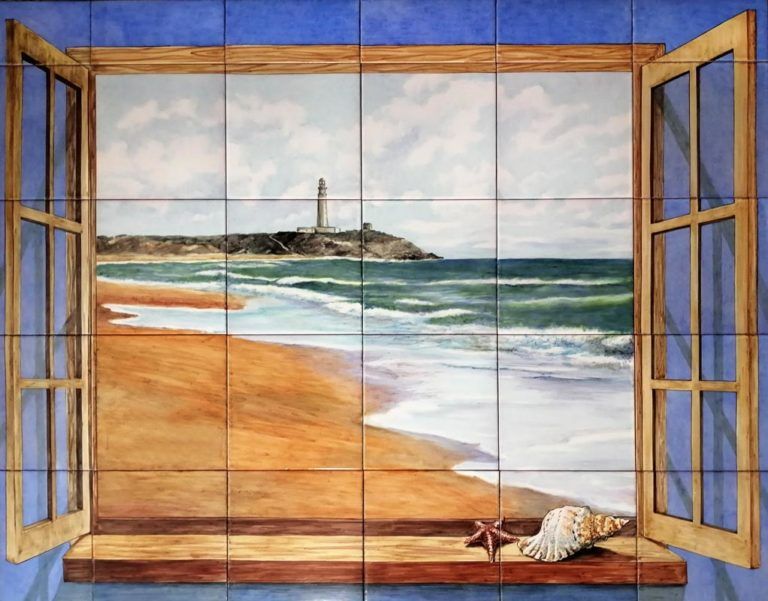 Azulejos sevillanos artesanos pintados a mano - Cerámicas Artesur - Azulejo con ventana y paisaje marino