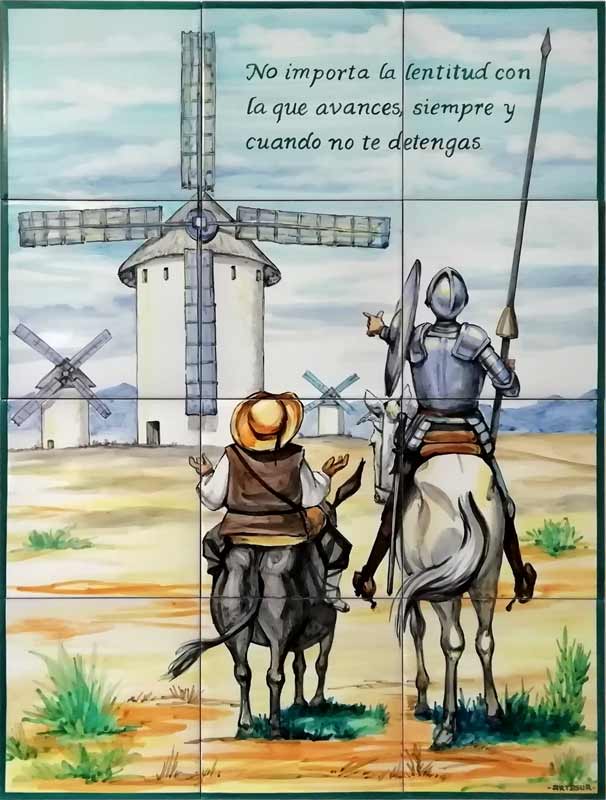 quijote y los molinos azulejo pintado a mano ceramicas artesur