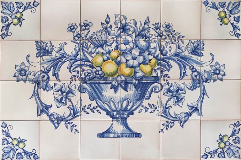 Azulejo con Florero ornamental en azul y amarillo-Azulejos pintados a mano-Cerámicas-Artesur