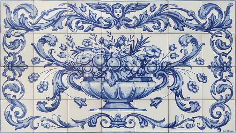 Florero con orla barroca en azul-Azulejo pintado a mano- Cerámicas Artesur