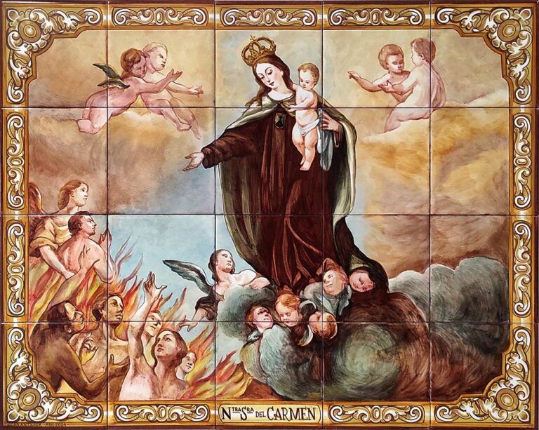 Virgen del Carmen con ánimas en el purgatorio- Azulejo pintado a mano- Cerámicas Artesur-81800